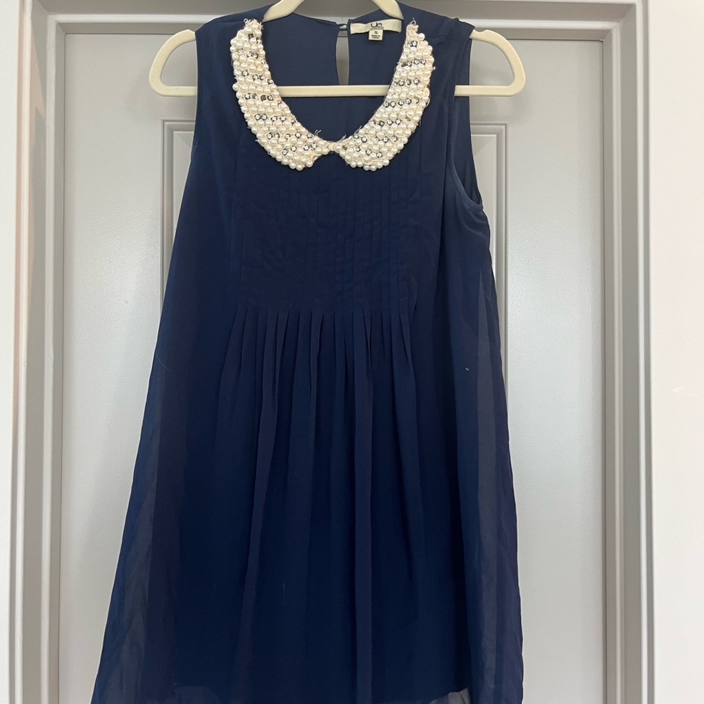 Navy Blue Dress with Pearl Collar